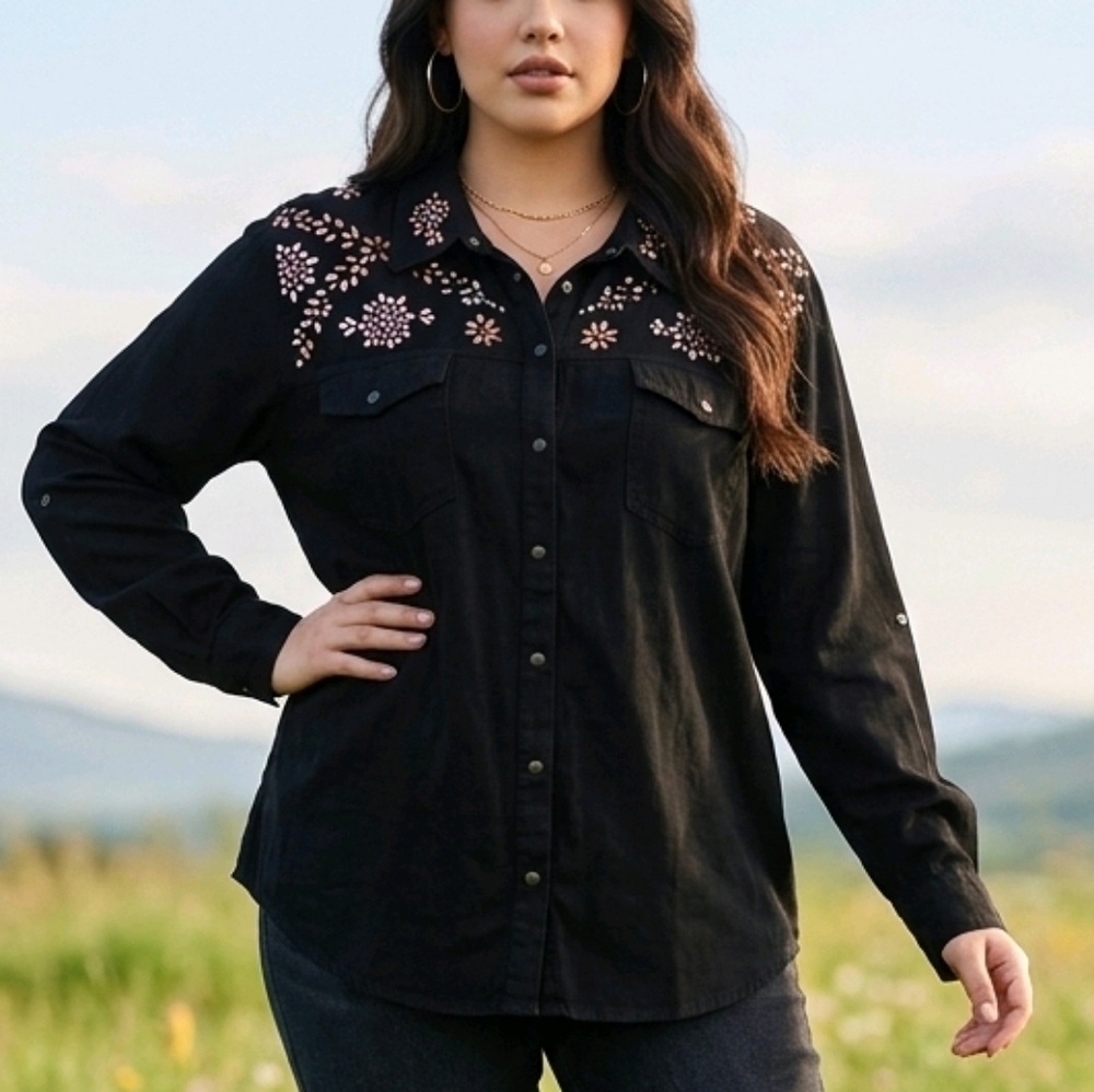 🆕 3X Diane Gilman Embellished Black Denim Shirt